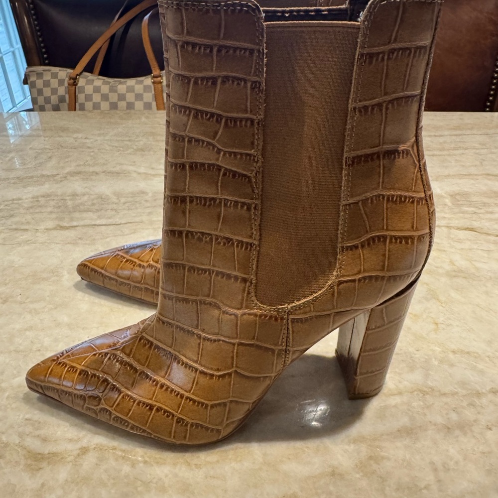 Marc Fisher Tan Croc-Embossed Ankle Booties, Size 8 1/2